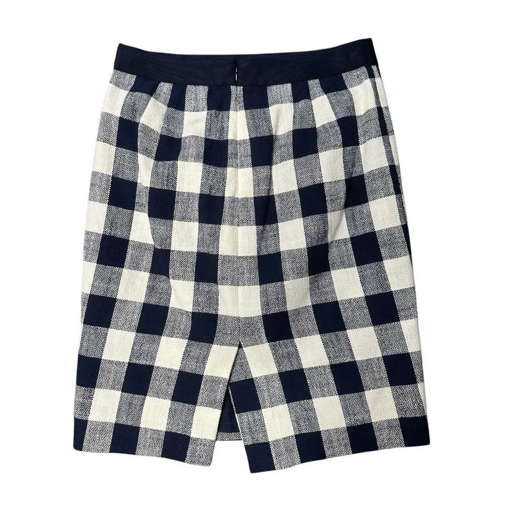 J. Crew Navy & White Gingham Buffalo Plaid Checked Pencil Skirt Size 00 - Picture 2 of 8